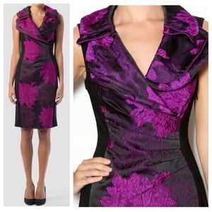 Joseph Ribkoff Floral Sheath Dress Size 8 Black & Purple Party Cocktail Ruched